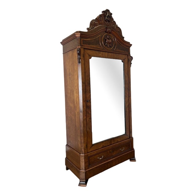 Antique French Carved Burr Walnut and Mirrored Wardrobe For Sale