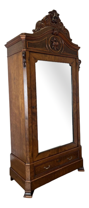 Antique French Carved Burr Walnut and Mirrored Wardrobe