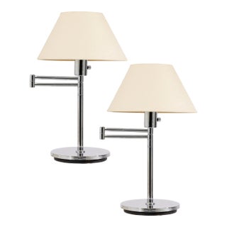 Pair of Walter Von Nessen Chrome Swing Arm Table Lamps For Sale