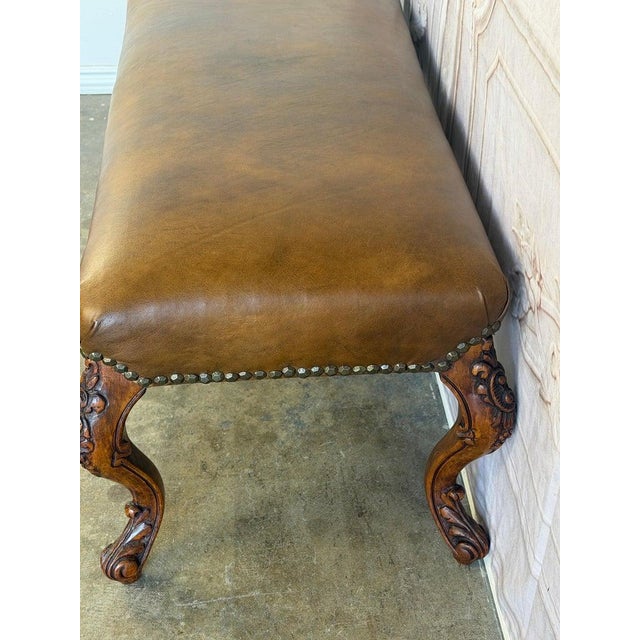 Antique French Louis XV Bench, Hand-Carved Wood & Brown Leather For Sale - Image 10 of 14