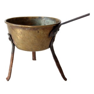 Antique Brass and Iron Three-Legged Hearth Cooking Pan For Sale
