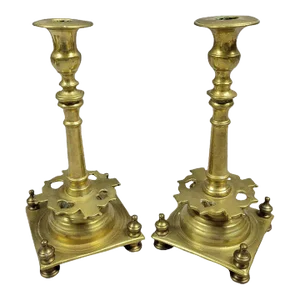 Antique 19th C Russian Brass Candle Holders Candlesticks - a Pair