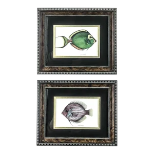 Burl-Wood Framed Pair of Tropical Fish Prints by Jean Cassady