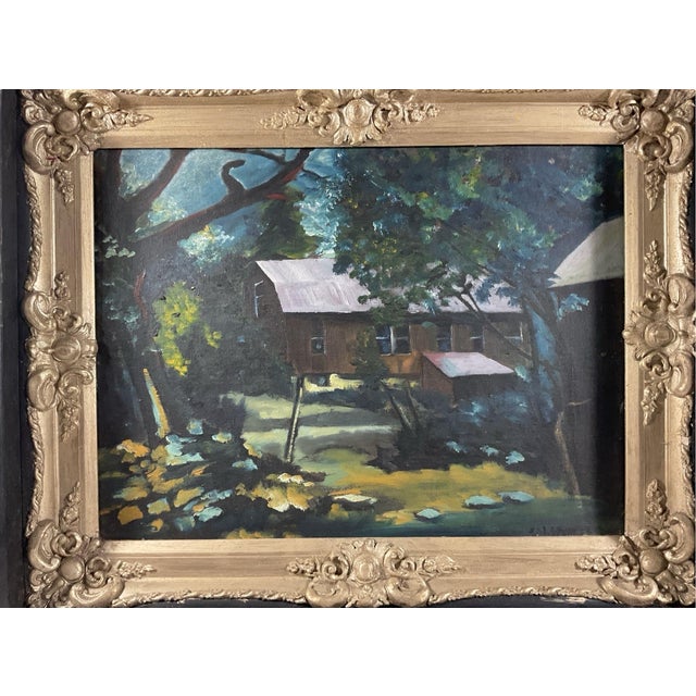 A striking mid-century regional impressionist nocturne landscape depicting a rustic Pennsylvania farm building or cabin...