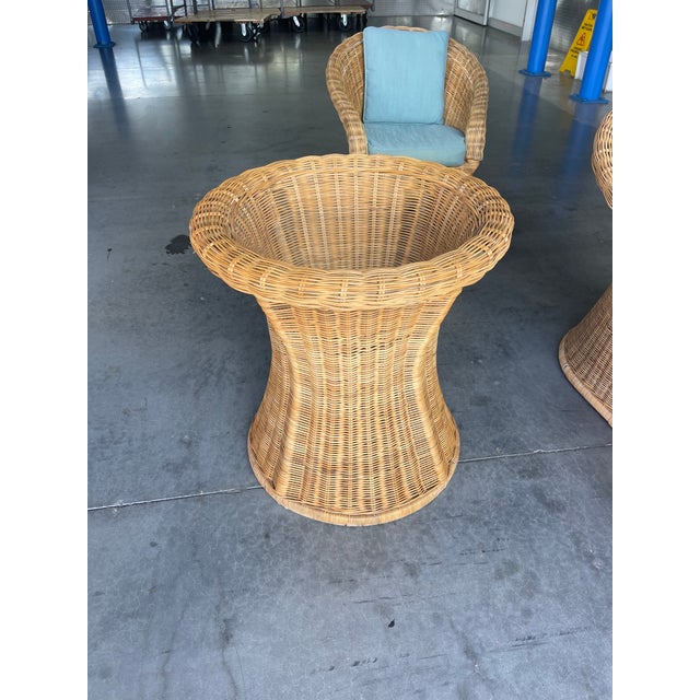 Vintage Organic Modern Wicker Pedestal Dining Table & 4 Barrel Chairs, 48” Glass Top For Sale - Image 16 of 17