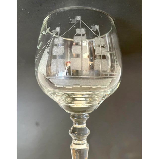 Vintage Etched Ship Schooner Decanter and Glasses Set of 6 For Sale - Image 10 of 13