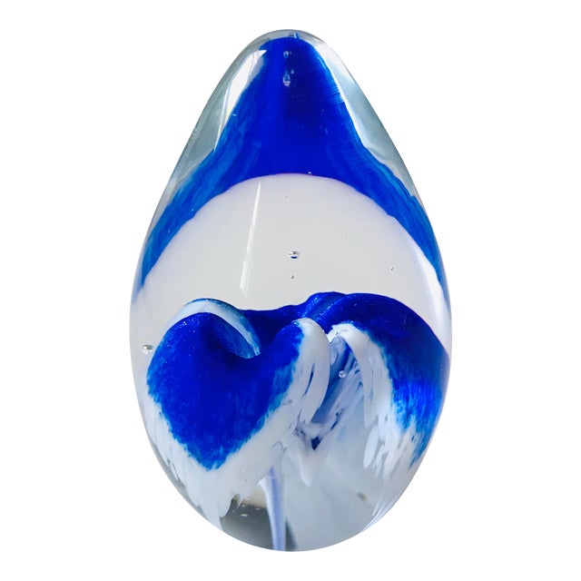 Ges 99 Blue Floral Glass Egg Paperweight For Sale