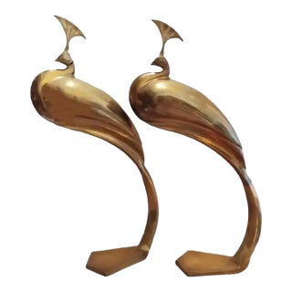 1980s Dolbi Cashier Large Standing Brass Peacock Sculptures- A Pair For Sale