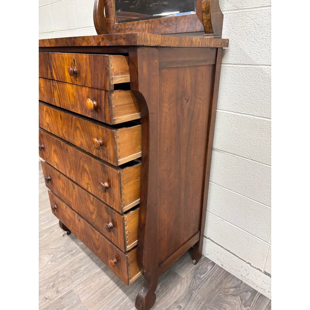 Antique American Empire Walnut Veneer Chest Bureau Dresser With Mirror For Sale - Image 9 of 12