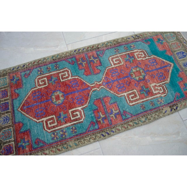 Turquoise Vintage Turkish Rug Hand Knotted Small Rug Bath Mat Entryway Decor Kitchen Rug - 1'7" X 3'7" For Sale - Image 8 of 10