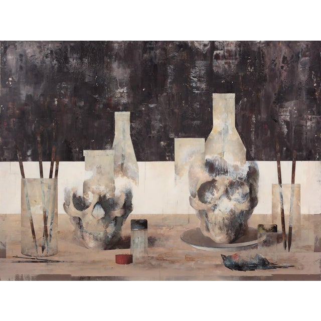 Glass Titans by Matthew Saba | Oil Painting of skulls and glass bottles on a table For Sale