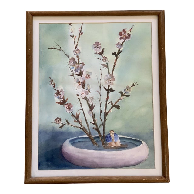 Vintage Asian Chinoiserie Cherry Blossom Watercolor Painting For Sale