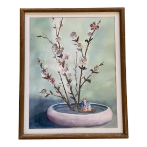 Vintage Asian Chinoiserie Cherry Blossom Watercolor Painting