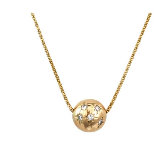 Diamond Star Burst 14k Yellow Gold Ball Pendant & Flex Mesh Necklace For Sale