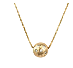 Diamond Star Burst 14k Yellow Gold Ball Pendant & Flex Mesh Necklace