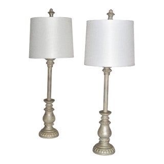 Mid Century Modern Silver Florentine Italian Painted Candlestick Lamps With Linen Shades - a Pair For Sale