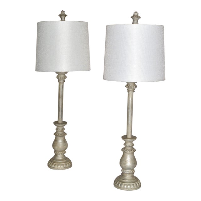 Mid Century Modern Silver Florentine Italian Painted Candlestick Lamps With Linen Shades - a Pair For Sale