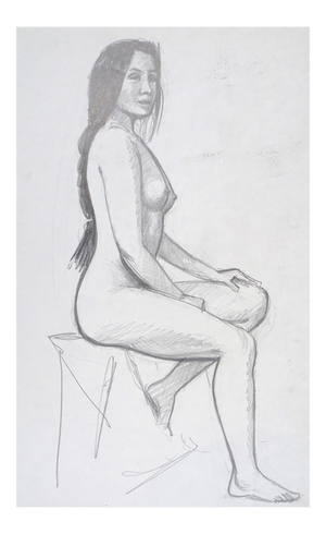 Sitting Nude Model - Original Pencil Drawing on Cardboard by Emile Deschler 1986