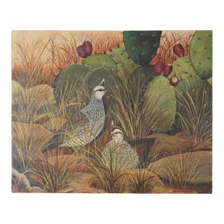 Vintage Cactus and Quail Painting For Sale