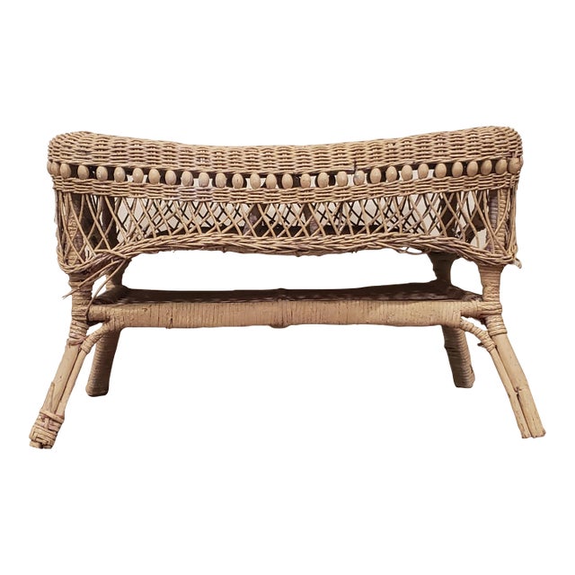 1950s Vintage 2 Tier Wicker Table With Intricate Wood Details in Original Antique Creamy White Paint & a Diamond Design on the Top For Sale