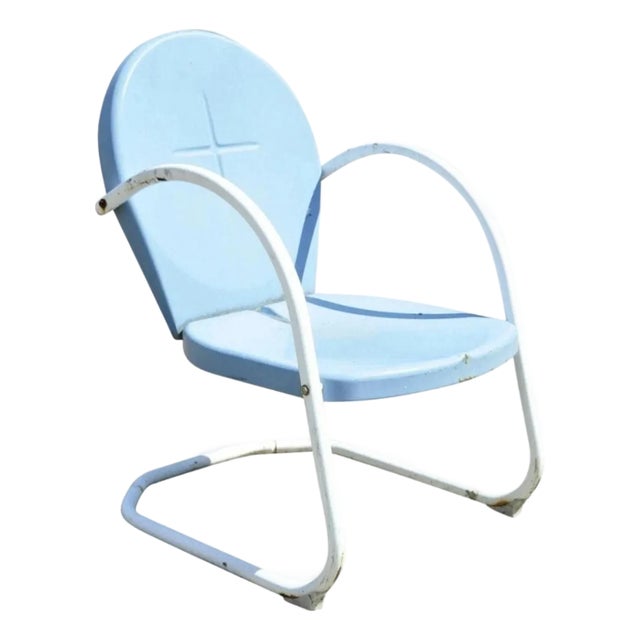 Mid 20th Century Art Deco Blue Steel Metal Patio Chair For Sale