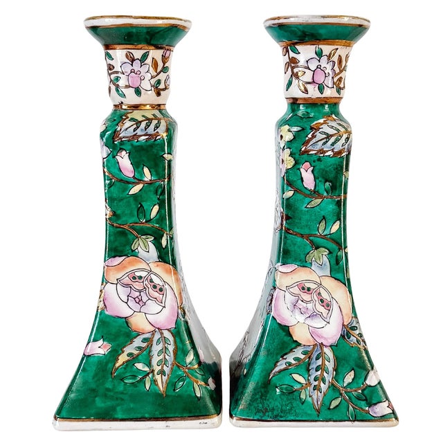 Vintage Chinese Famille Verte Floral Porcelain Candlesticks - A Pair For Sale - Image 9 of 10