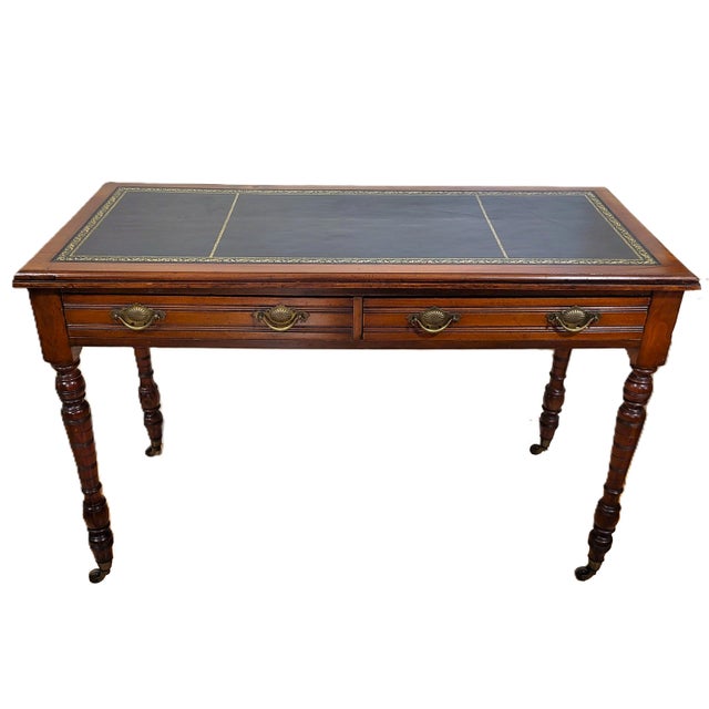 Victorian 19th C English Victorian Carved & Gilt Tooled Leather Top Library Table Desk For Sale - Image 3 of 17