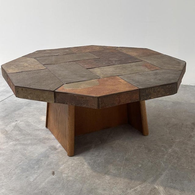 Large Vintage Brutalist Slate Mosaic Coffee Table with Oak Pedestal Base For Sale - Image 10 of 16