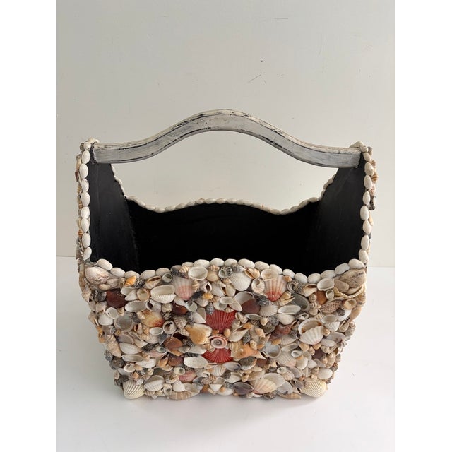 White Large Vintage Seashell-Encrusted Wooden Basket With Handle – Handmade Coastal Folk Art Beach House Decor For Sale - Image 8 of 12