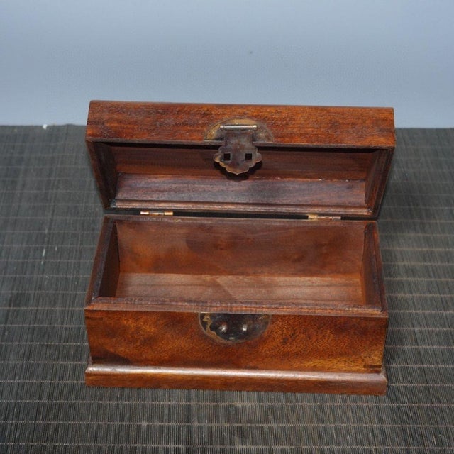Shell 1980s Hardwood Jewelry Casket, Mother‑of‑Pearl Inlaid Fortune Character & Children Motif Storage Box With Lock Hardware For Sale - Image 7 of 8