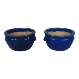 Vintage Handmade French Modern Blue Glazed Ceramic Lion Head Jardinière Planter Urns - Set of 2