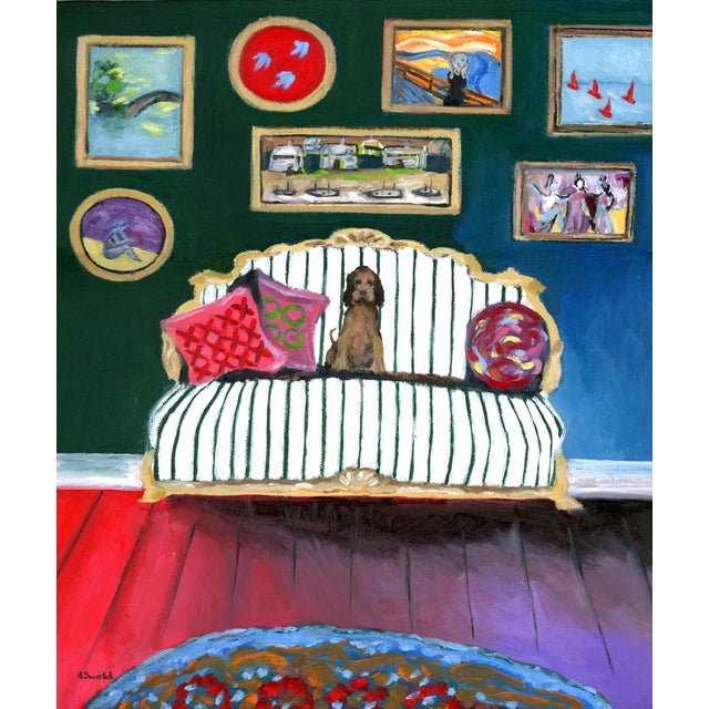 Blue Hockney Inspired Pup on Green Striped Sofa Interior Room Portrait Oil Painting by Alexandra Swistak For Sale - Image 8 of 8