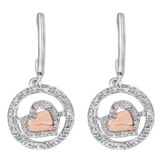 14K Rose Gold Plated .925 Sterling Silver 1/5 Cttw Diamond Circle and Heart Drop Earrings For Sale