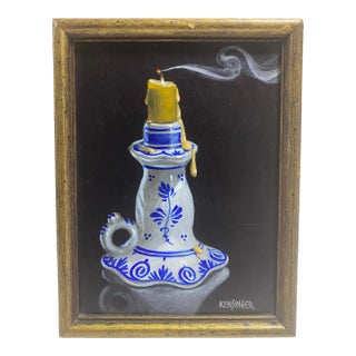 George “Bob” Kensinger Painting Blue and White Candle Holder Still Life 7" X 9" Framed For Sale