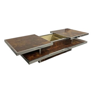 Sliding Two-Tier Burl Wood and Metal Coffee Table with Integrated Bar, 1980s For Sale