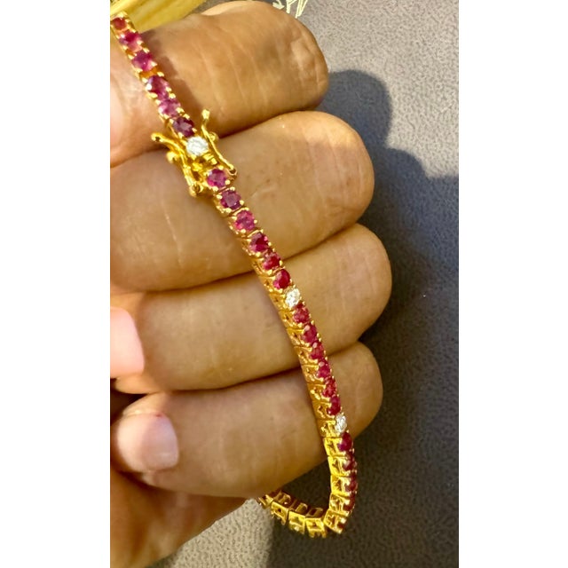 Natural Round Ruby & Diamond Tennis Bracelet 14 Karat Yellow Gold 6.75 Inch For Sale - Image 17 of 18