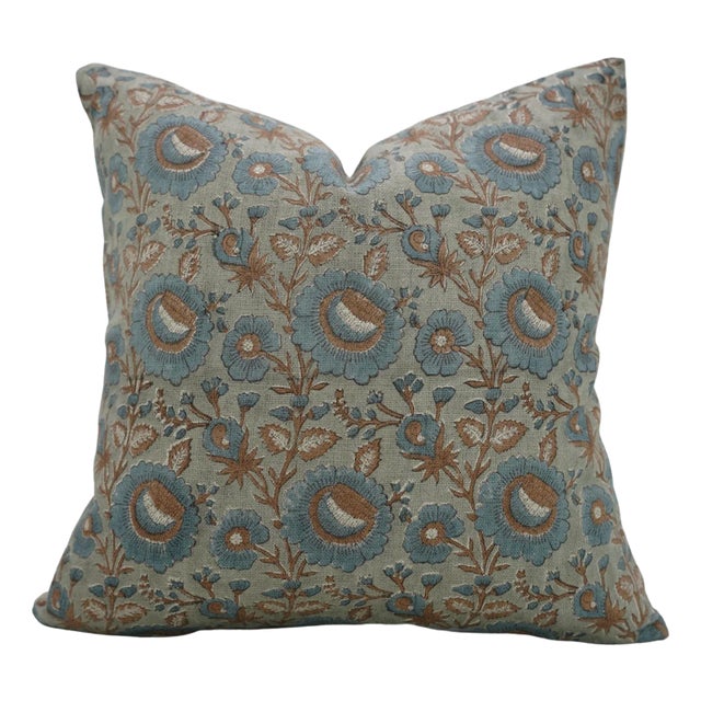 Throw Pillow Cover 26x26 Inch Handmade Block Print Cushion Thick Linen -Sun Flower For Sale