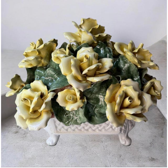 1960s Vintage Italian Capodimonte-Style Porcelain Floral Arrangement Yellow Roses and Green Leaves Set Inside a White Textured Ceramic Basket. For Sale - Image 5 of 16
