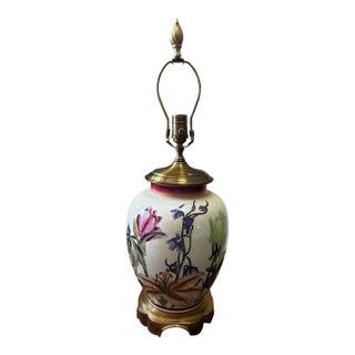 1980s Wildwood Large Floral Crackled Hand Painted Ceramic Table Lamp For Sale