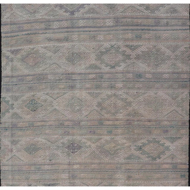 Mid 20th Century Vintage Turkish Flat-Weave Kilim With Stripes and Embroideries With Gray-Green For Sale - Image 9 of 12