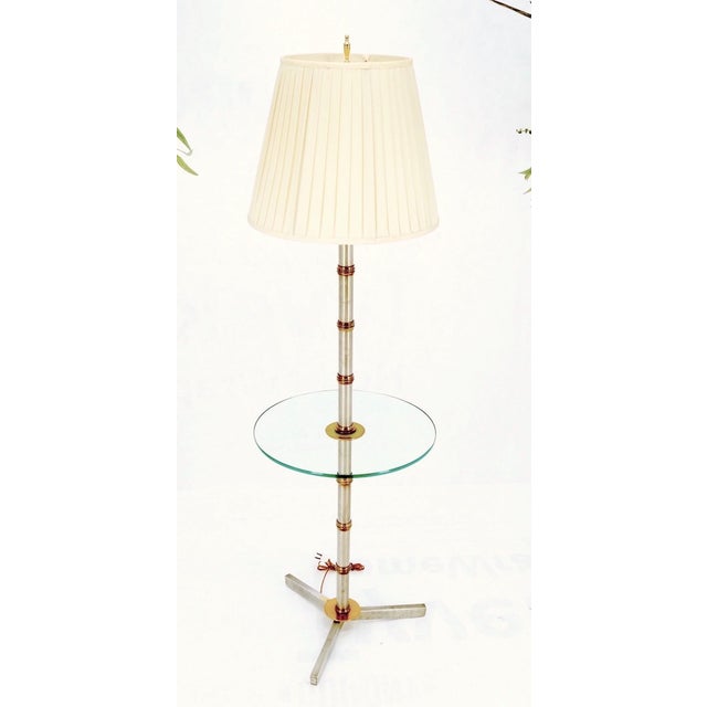 Mid-Century Modern Faux Bamboo Pattern Tripod Base Floor Lamp Round Glass Side Table For Sale - Image 3 of 12