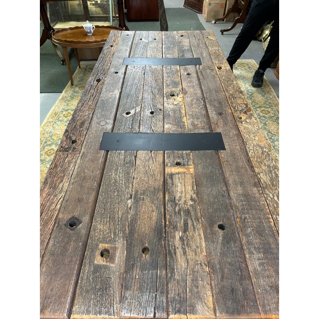 Industrial Rectangular Salvage Wood & Black Iron Table or Desk For Sale - Image 11 of 14