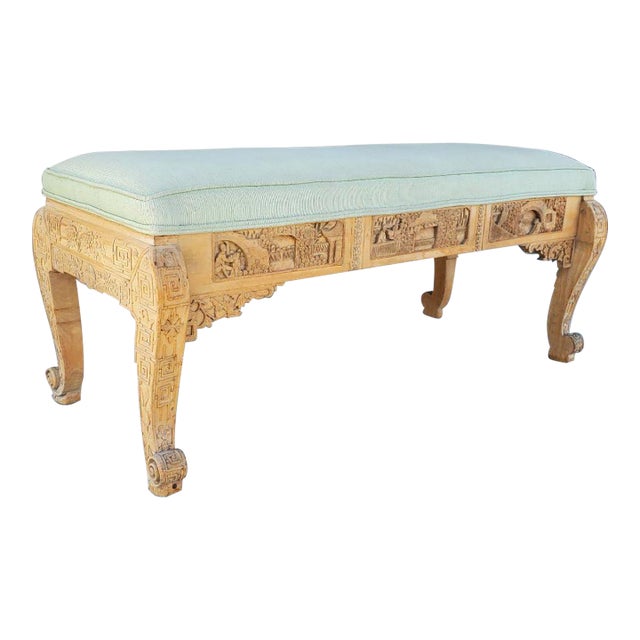 1920s Antique Chinese Hand Carved Upholstered Wooden Long Bench For Sale