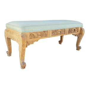 1920s Antique Chinese Hand Carved Upholstered Wooden Long Bench