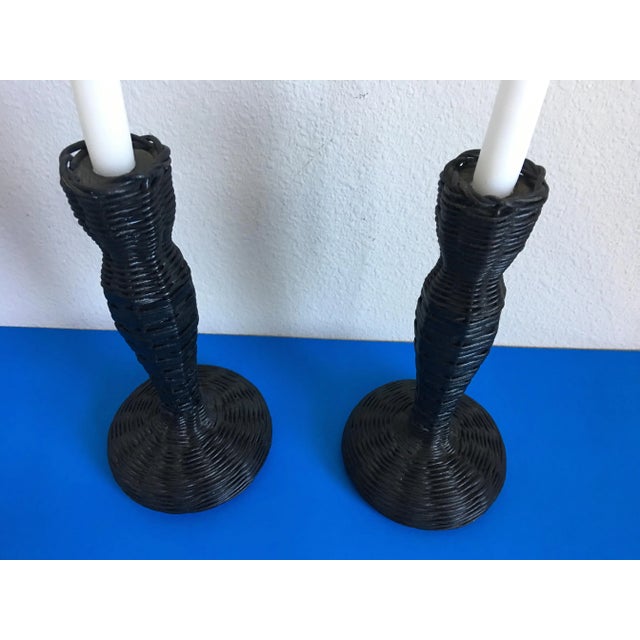 Mid-Century Black Wicker Candlesticks - a Pair For Sale - Image 4 of 10