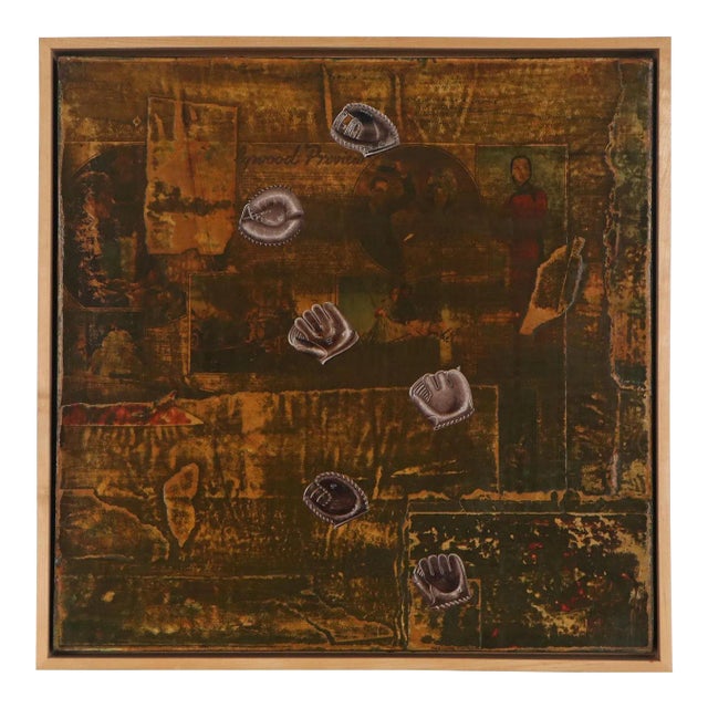 Patrick LoCicero, Abstract Mixed Media Collage Oil Painting Sports, Leather Baseball Mitts For Sale