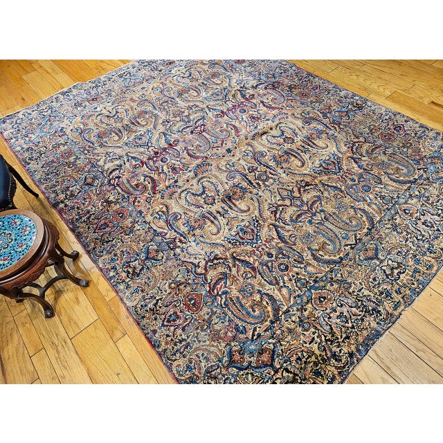 Antique Persian Kerman Lavar Rug, Hand-Knotted Wool, All-Over Floral Pattern, Ivory & Blue, 9x12 For Sale - Image 4 of 16