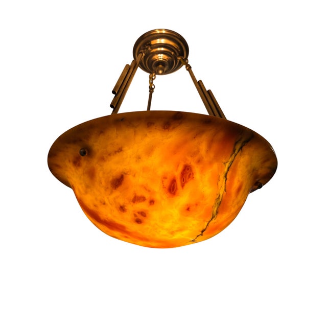 Early 20th Century Honey Amber Hand Carved Original Alabaster Bowl W/ Stepped Nickeled Bronze Stem For Sale - Image 10 of 17