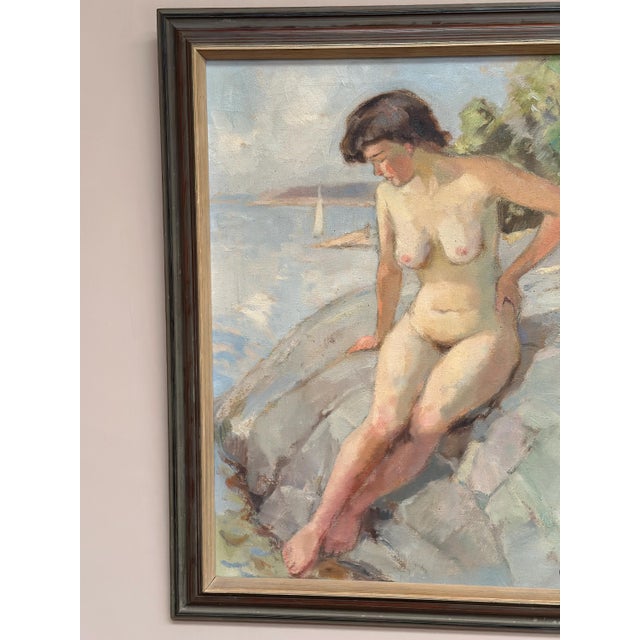 Karl Vilhelm Anstensen, Coastal Scene with Sunbathing Nude Woman, 1957, Oil Painting on Canvas, Framed For Sale - Image 14 of 17