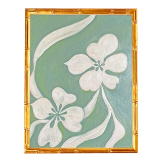 Original Cherry Blossom Painting | Luxe Green Botanical Art | Framed Acrylic on Canvas Gold Bamboo Frame Palm Beach Chinoiserie Decor 13x17 For Sale